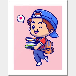 Cute Boy Going To School And Bring Books Cartoon Posters and Art